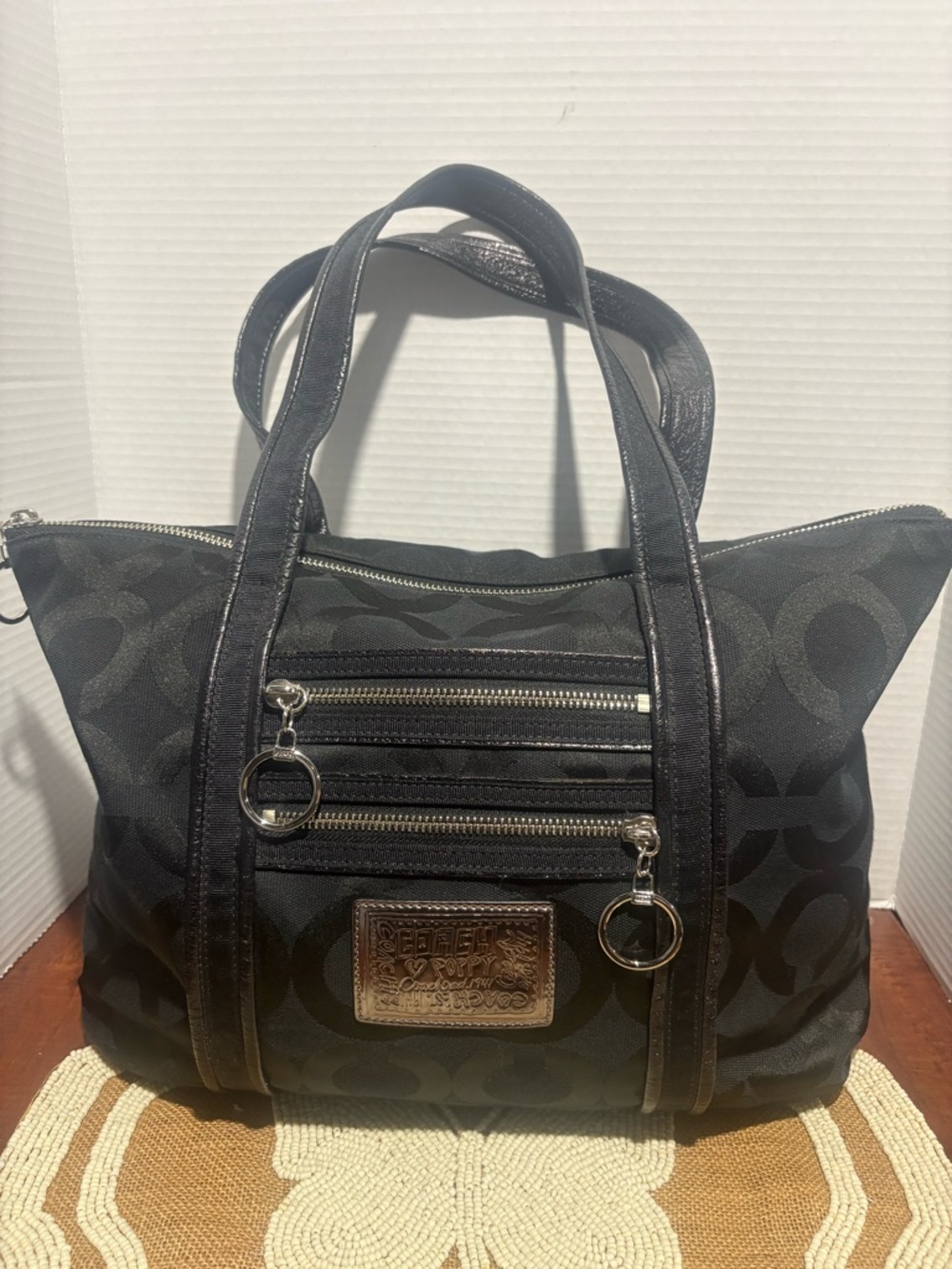 Coach Poppy Black Signature Canvas Tote with Dual Front Zippers